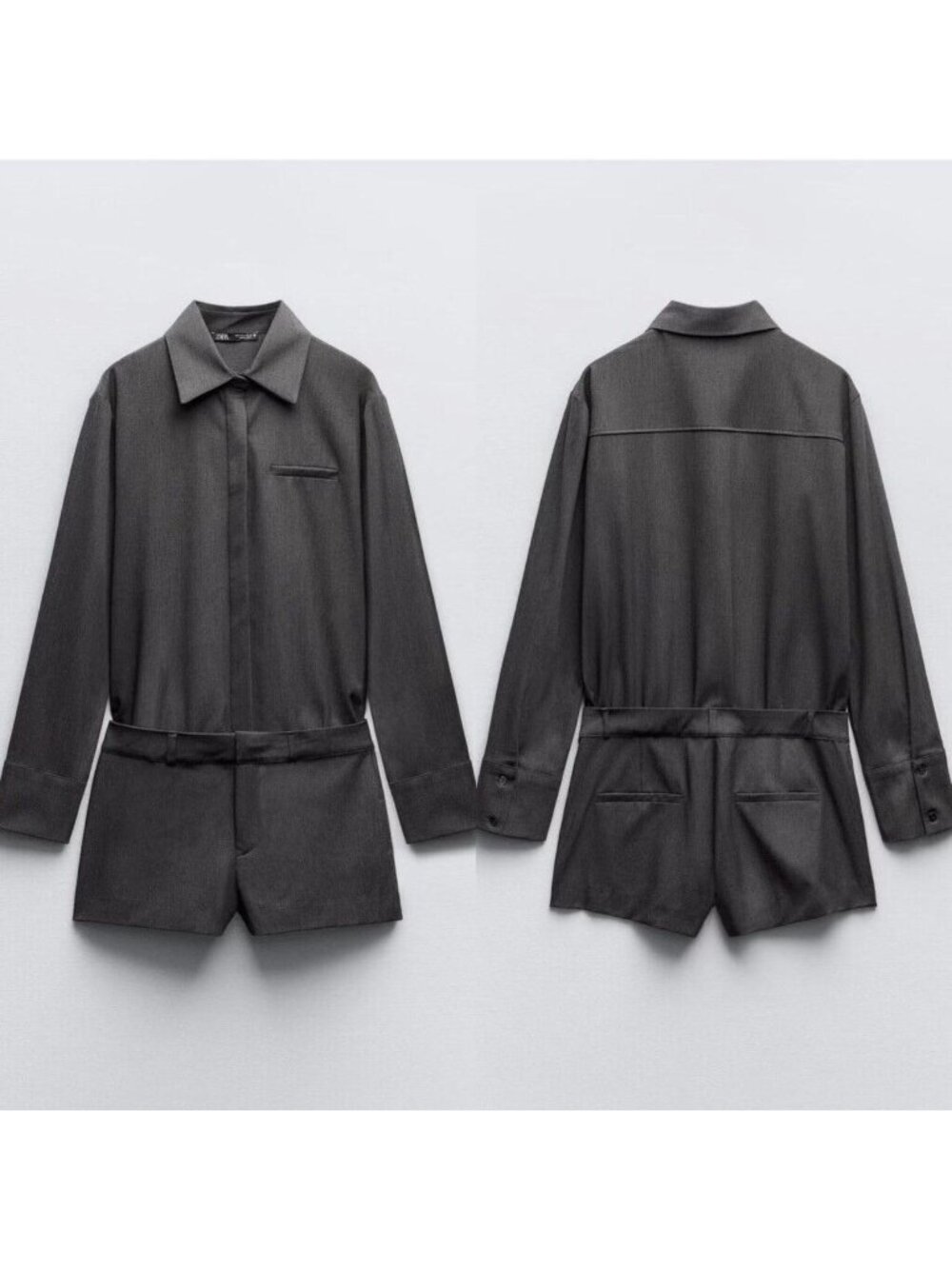 Zara Romper Jumpsuit Women Size Large Gray Long Sleeve Lapel Collar Pocket